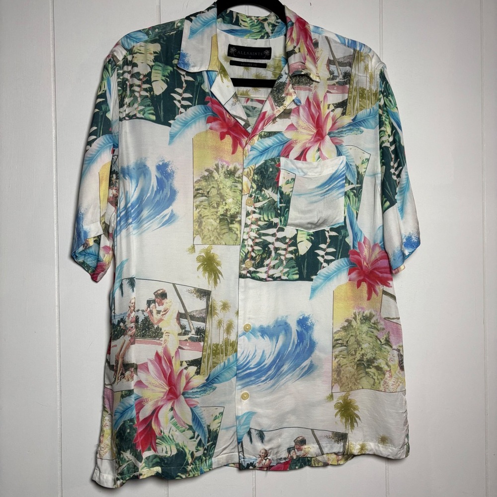 AllSaints Kamakou Shirt Mens Medium Relaxed Fit Tropical Floral Camp Eclectic